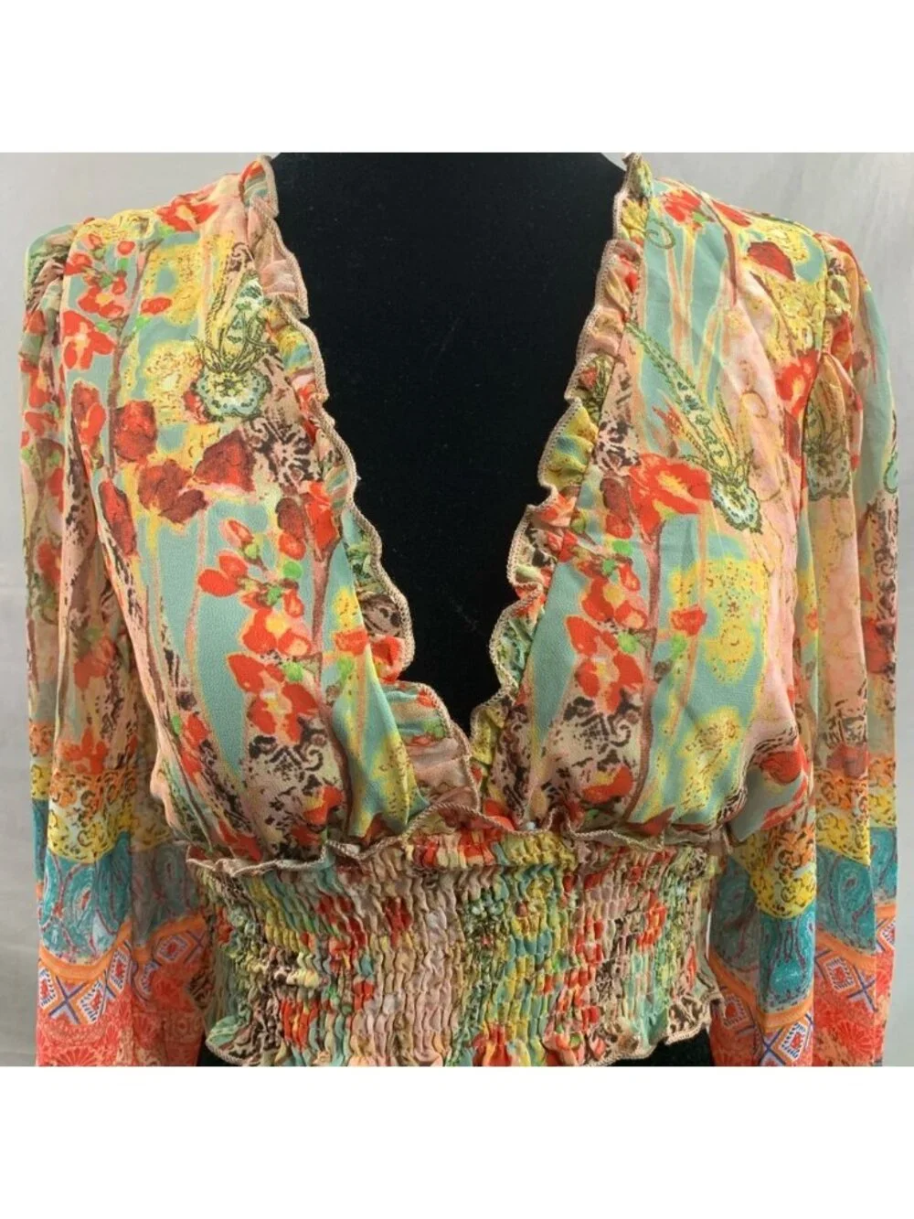 Lantern Sleeve Frilled Shirred Panel Floral & Paisley Print Top - Picture 8 of 10